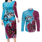 Personalised Eagles And Sharks Rugby Couples Matching Long Sleeve Bodycon Dress and Long Sleeve Button Shirt Aboriginal Mix Polynesian Pattern