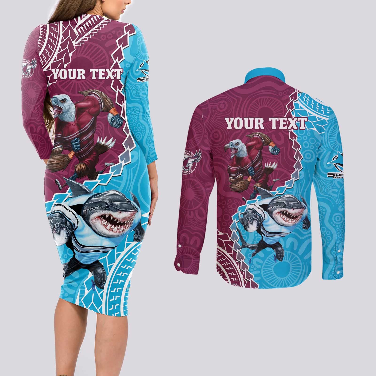 Personalised Eagles And Sharks Rugby Couples Matching Long Sleeve Bodycon Dress and Long Sleeve Button Shirt Aboriginal Mix Polynesian Pattern