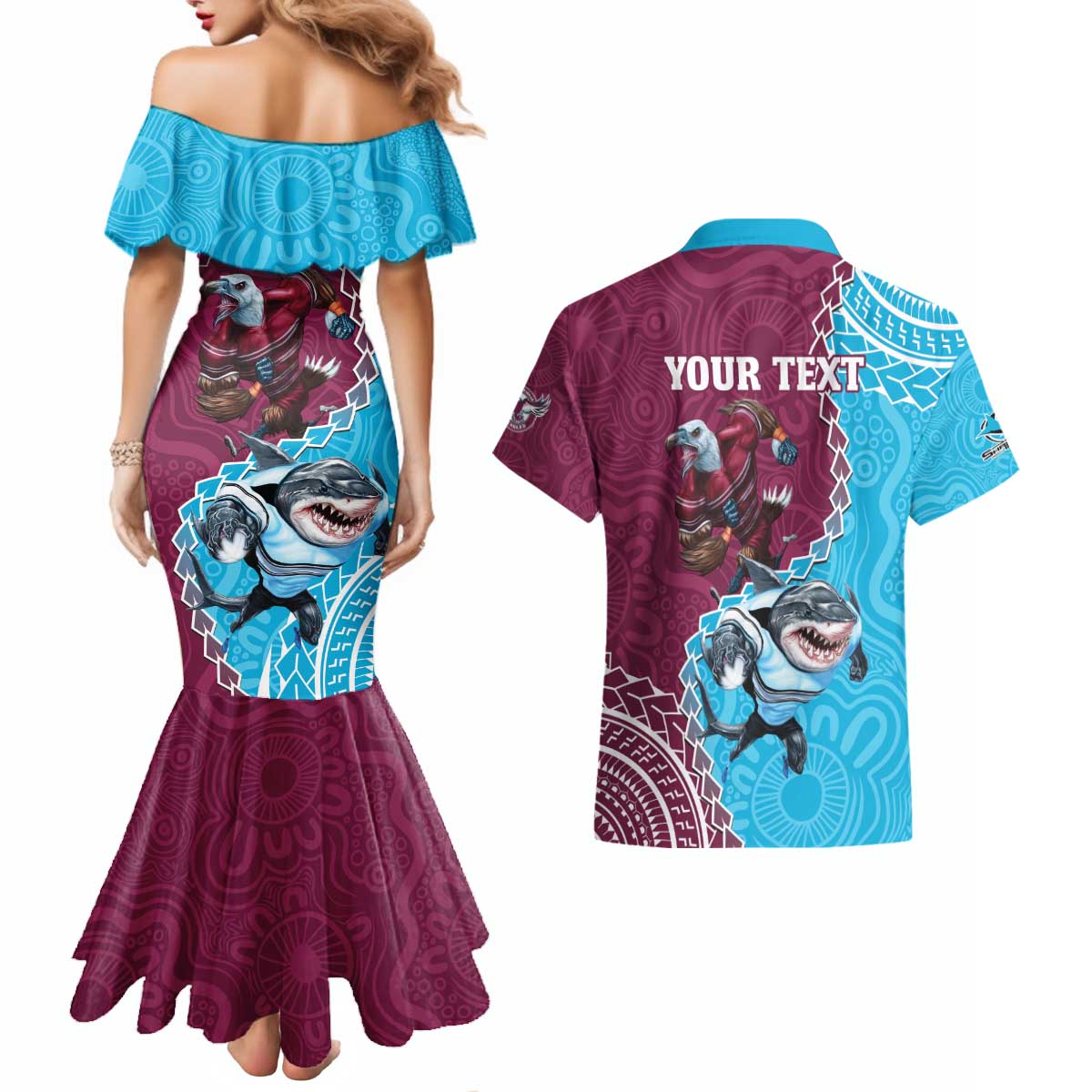 Personalised Eagles And Sharks Rugby Couples Matching Mermaid Dress and Hawaiian Shirt Aboriginal Mix Polynesian Pattern
