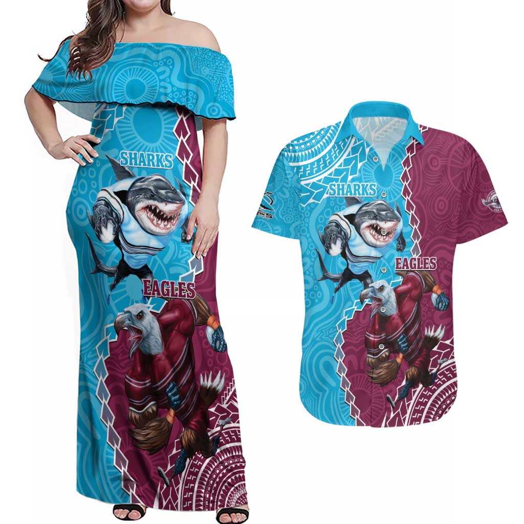 Personalised Eagles And Sharks Rugby Couples Matching Off Shoulder Maxi Dress and Hawaiian Shirt Aboriginal Mix Polynesian Pattern