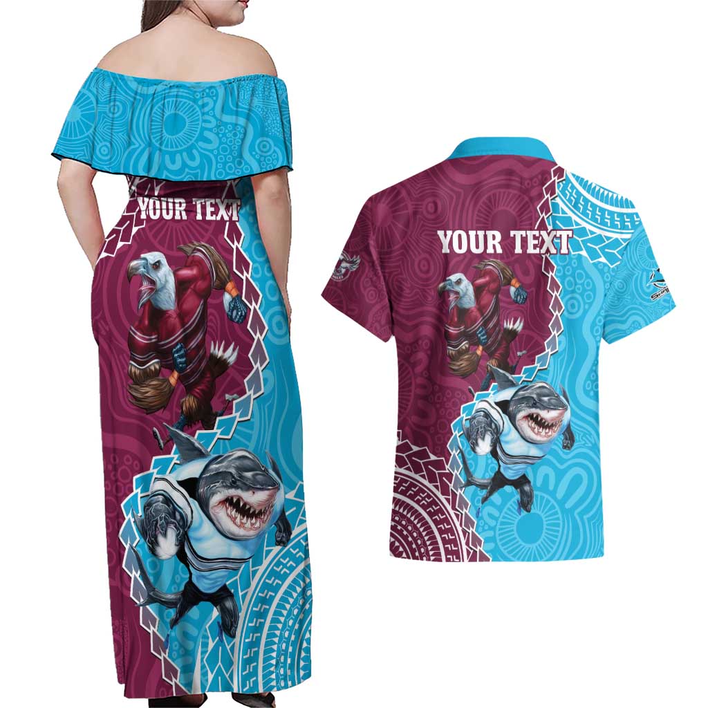 Personalised Eagles And Sharks Rugby Couples Matching Off Shoulder Maxi Dress and Hawaiian Shirt Aboriginal Mix Polynesian Pattern