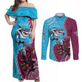 Personalised Eagles And Sharks Rugby Couples Matching Off Shoulder Maxi Dress and Long Sleeve Button Shirt Aboriginal Mix Polynesian Pattern
