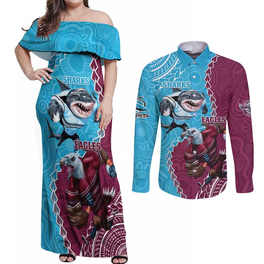 Personalised Eagles And Sharks Rugby Couples Matching Off Shoulder Maxi Dress and Long Sleeve Button Shirt Aboriginal Mix Polynesian Pattern