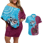 Personalised Eagles And Sharks Rugby Couples Matching Off Shoulder Short Dress and Hawaiian Shirt Aboriginal Mix Polynesian Pattern