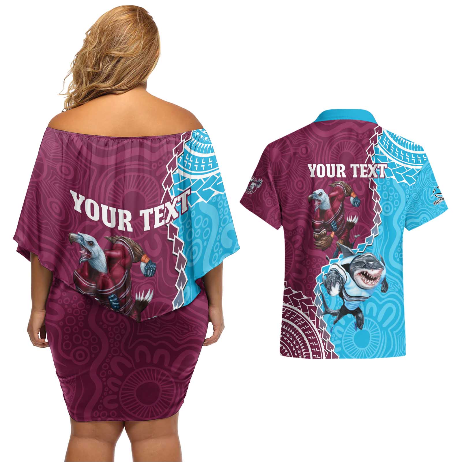 Personalised Eagles And Sharks Rugby Couples Matching Off Shoulder Short Dress and Hawaiian Shirt Aboriginal Mix Polynesian Pattern