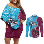 Personalised Eagles And Sharks Rugby Couples Matching Off Shoulder Short Dress and Long Sleeve Button Shirt Aboriginal Mix Polynesian Pattern