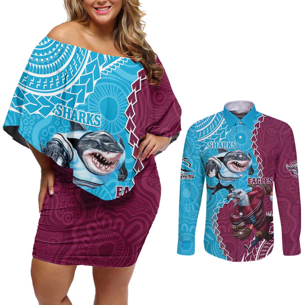 Personalised Eagles And Sharks Rugby Couples Matching Off Shoulder Short Dress and Long Sleeve Button Shirt Aboriginal Mix Polynesian Pattern