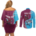 Personalised Eagles And Sharks Rugby Couples Matching Off Shoulder Short Dress and Long Sleeve Button Shirt Aboriginal Mix Polynesian Pattern