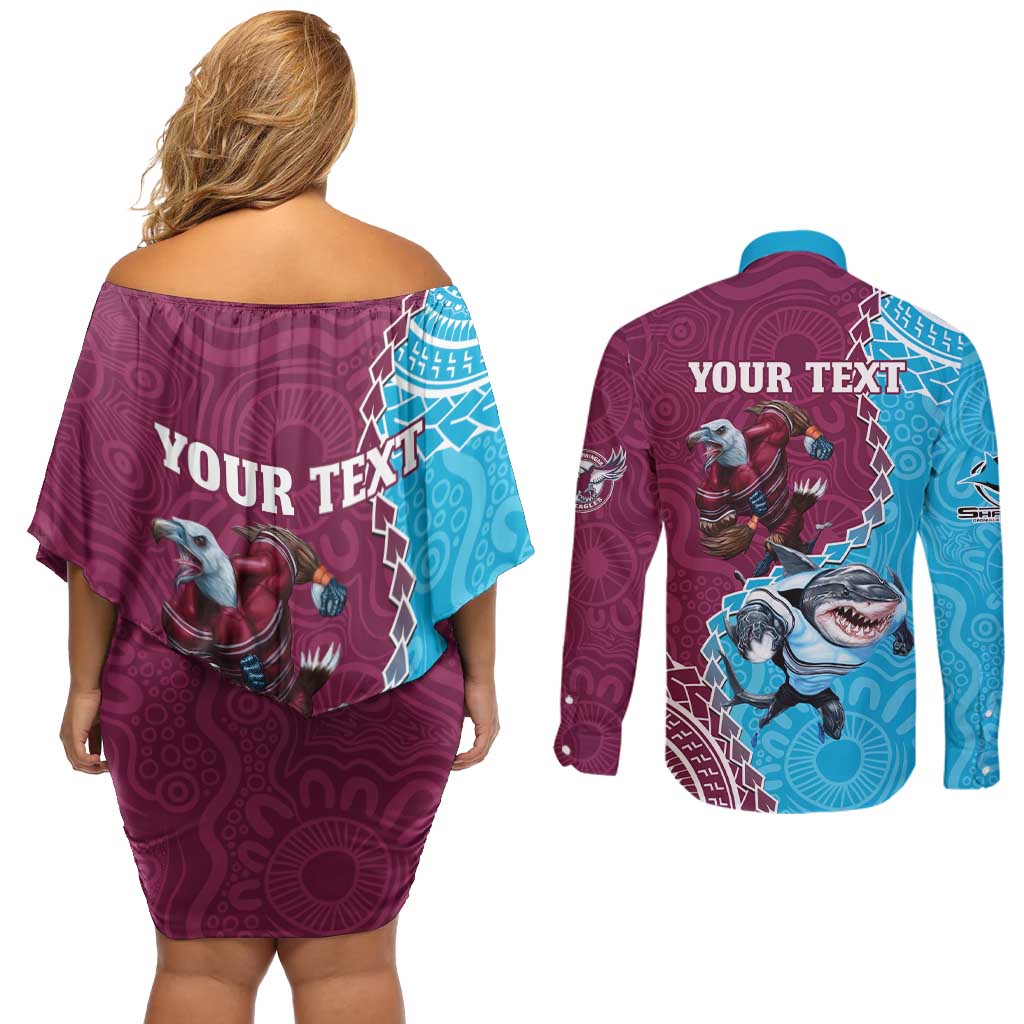 Personalised Eagles And Sharks Rugby Couples Matching Off Shoulder Short Dress and Long Sleeve Button Shirt Aboriginal Mix Polynesian Pattern