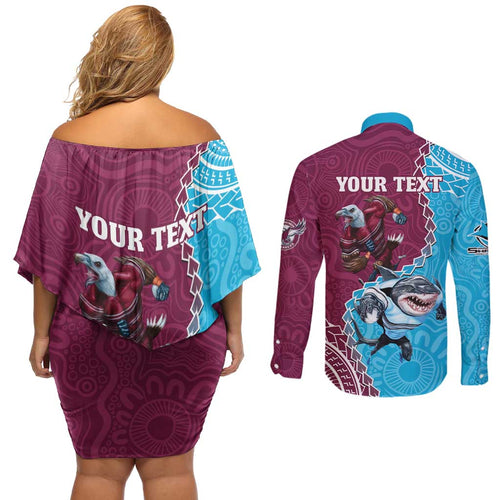 Personalised Eagles And Sharks Rugby Couples Matching Off Shoulder Short Dress and Long Sleeve Button Shirt Aboriginal Mix Polynesian Pattern