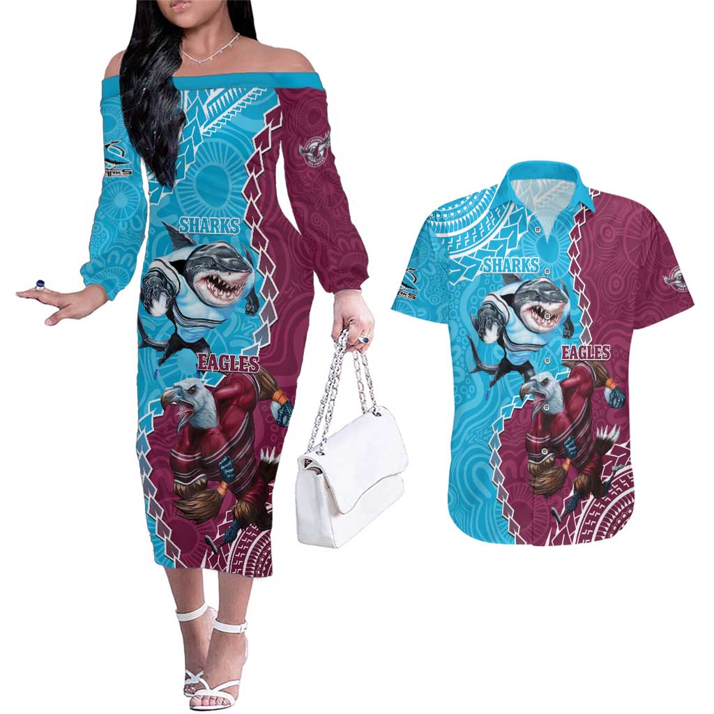 Personalised Eagles And Sharks Rugby Couples Matching Off The Shoulder Long Sleeve Dress and Hawaiian Shirt Aboriginal Mix Polynesian Pattern