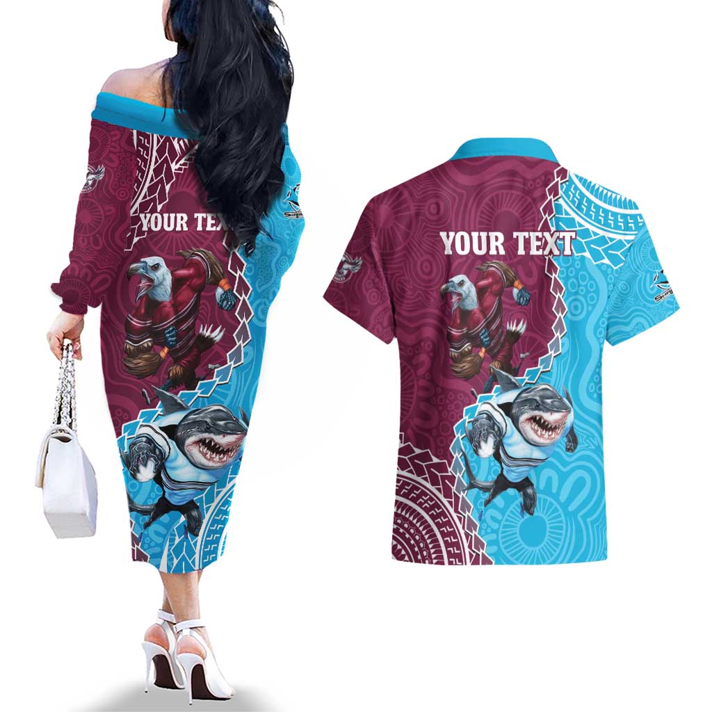 Personalised Eagles And Sharks Rugby Couples Matching Off The Shoulder Long Sleeve Dress and Hawaiian Shirt Aboriginal Mix Polynesian Pattern
