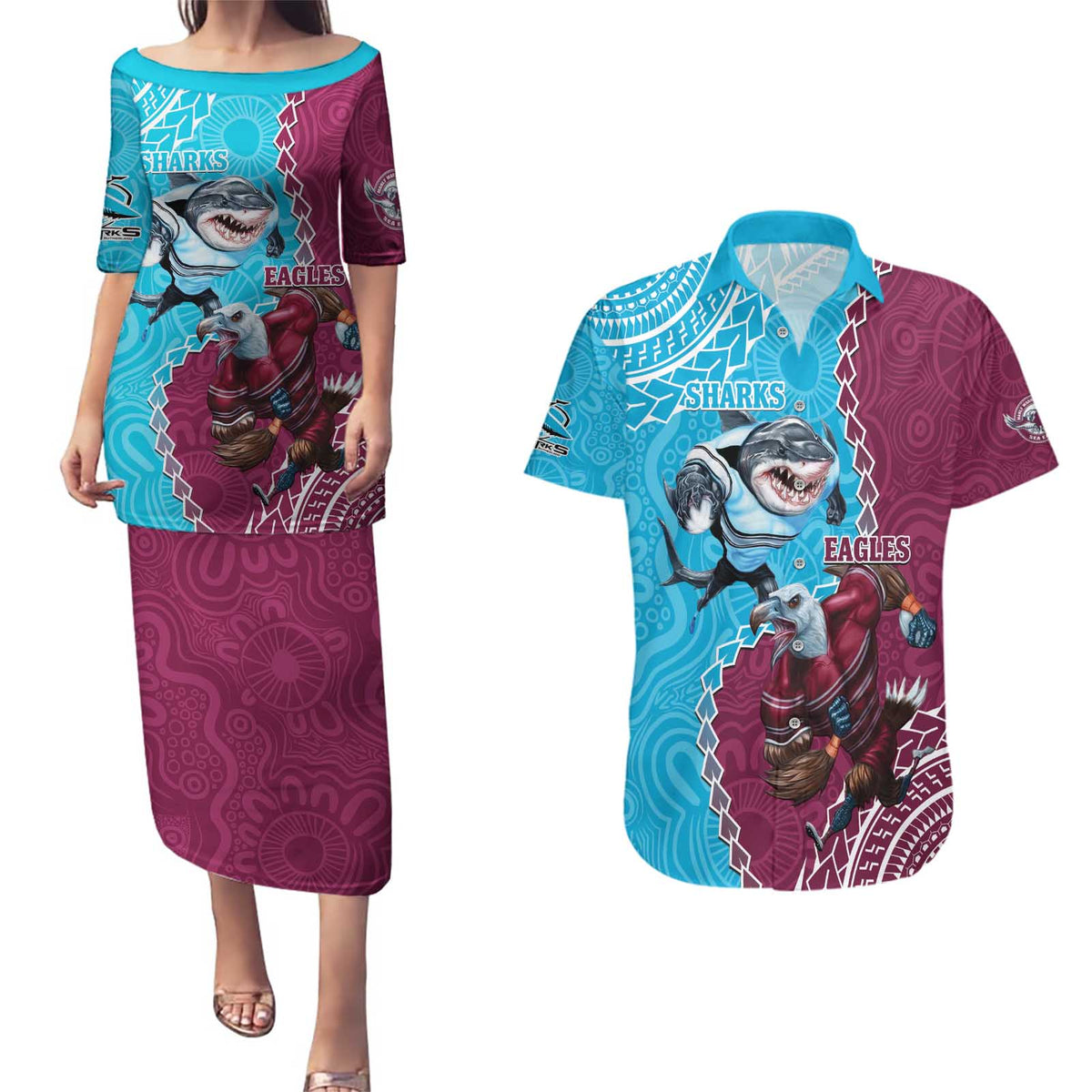 Personalised Eagles And Sharks Rugby Couples Matching Puletasi and Hawaiian Shirt Aboriginal Mix Polynesian Pattern