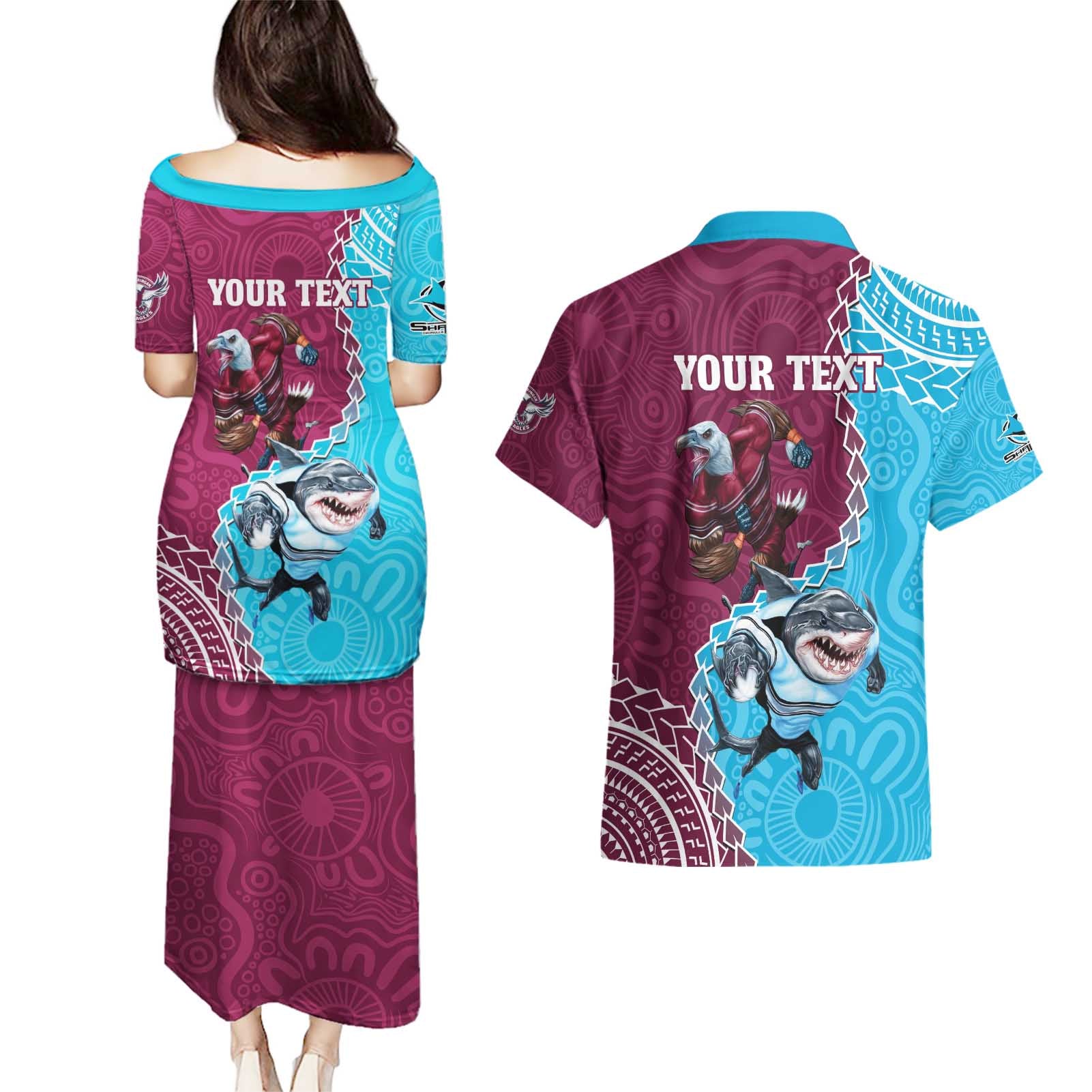 Personalised Eagles And Sharks Rugby Couples Matching Puletasi and Hawaiian Shirt Aboriginal Mix Polynesian Pattern