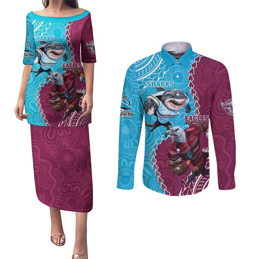 Personalised Eagles And Sharks Rugby Couples Matching Puletasi and Long Sleeve Button Shirt Aboriginal Mix Polynesian Pattern