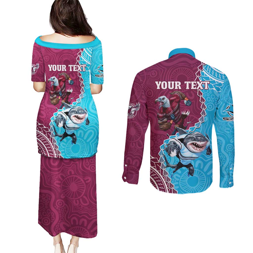 Personalised Eagles And Sharks Rugby Couples Matching Puletasi and Long Sleeve Button Shirt Aboriginal Mix Polynesian Pattern