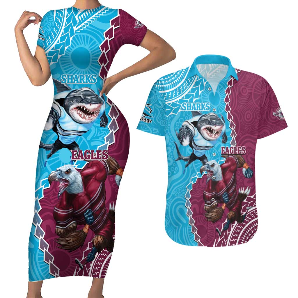 Personalised Eagles And Sharks Rugby Couples Matching Short Sleeve Bodycon Dress and Hawaiian Shirt Aboriginal Mix Polynesian Pattern
