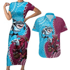 Personalised Eagles And Sharks Rugby Couples Matching Short Sleeve Bodycon Dress and Hawaiian Shirt Aboriginal Mix Polynesian Pattern