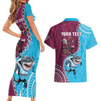 Personalised Eagles And Sharks Rugby Couples Matching Short Sleeve Bodycon Dress and Hawaiian Shirt Aboriginal Mix Polynesian Pattern