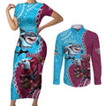 Personalised Eagles And Sharks Rugby Couples Matching Short Sleeve Bodycon Dress and Long Sleeve Button Shirt Aboriginal Mix Polynesian Pattern