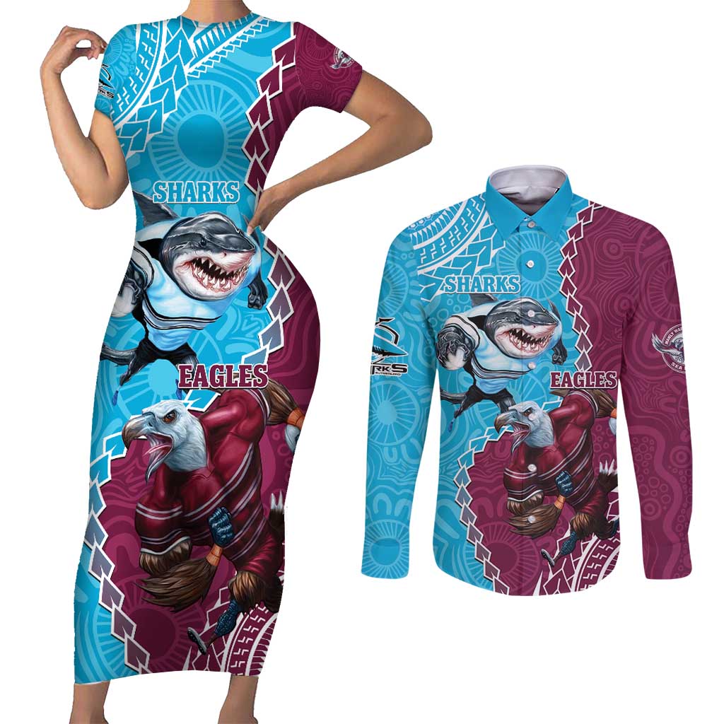 Personalised Eagles And Sharks Rugby Couples Matching Short Sleeve Bodycon Dress and Long Sleeve Button Shirt Aboriginal Mix Polynesian Pattern