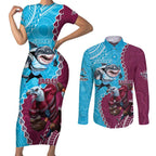 Personalised Eagles And Sharks Rugby Couples Matching Short Sleeve Bodycon Dress and Long Sleeve Button Shirt Aboriginal Mix Polynesian Pattern