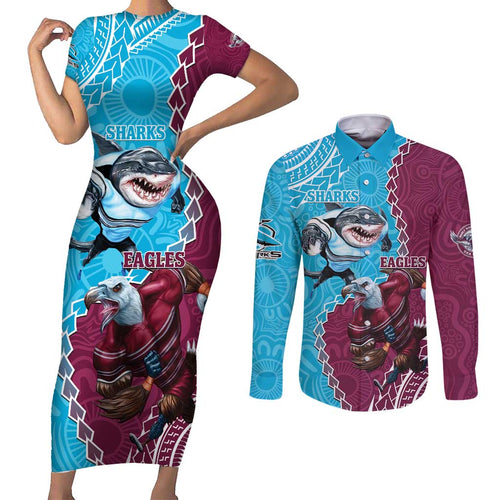 Personalised Eagles And Sharks Rugby Couples Matching Short Sleeve Bodycon Dress and Long Sleeve Button Shirt Aboriginal Mix Polynesian Pattern