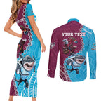 Personalised Eagles And Sharks Rugby Couples Matching Short Sleeve Bodycon Dress and Long Sleeve Button Shirt Aboriginal Mix Polynesian Pattern