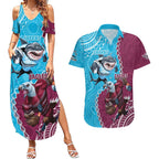 Personalised Eagles And Sharks Rugby Couples Matching Summer Maxi Dress and Hawaiian Shirt Aboriginal Mix Polynesian Pattern