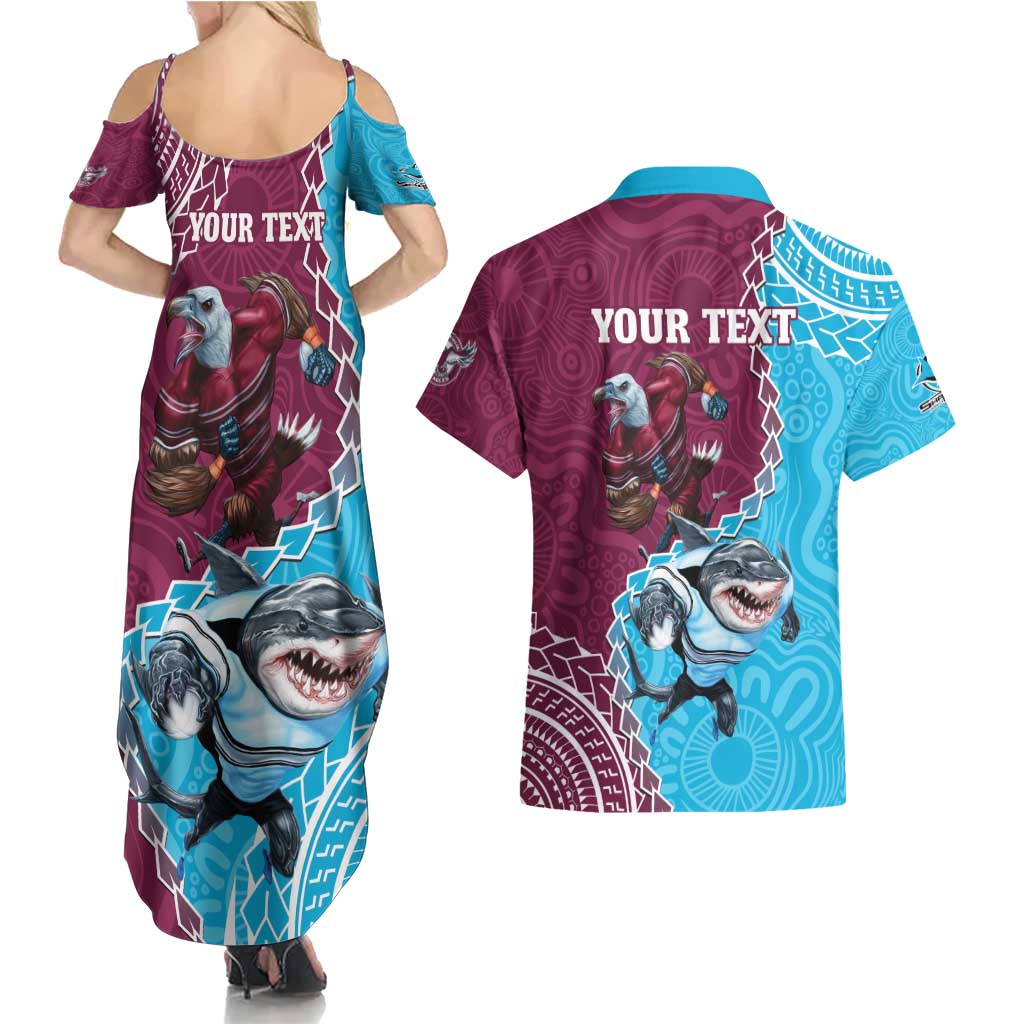 Personalised Eagles And Sharks Rugby Couples Matching Summer Maxi Dress and Hawaiian Shirt Aboriginal Mix Polynesian Pattern