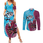 Personalised Eagles And Sharks Rugby Couples Matching Summer Maxi Dress and Long Sleeve Button Shirt Aboriginal Mix Polynesian Pattern