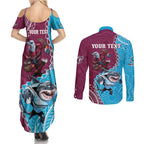 Personalised Eagles And Sharks Rugby Couples Matching Summer Maxi Dress and Long Sleeve Button Shirt Aboriginal Mix Polynesian Pattern