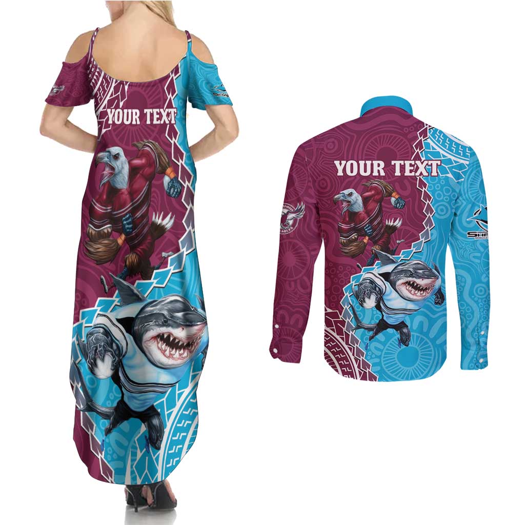 Personalised Eagles And Sharks Rugby Couples Matching Summer Maxi Dress and Long Sleeve Button Shirt Aboriginal Mix Polynesian Pattern