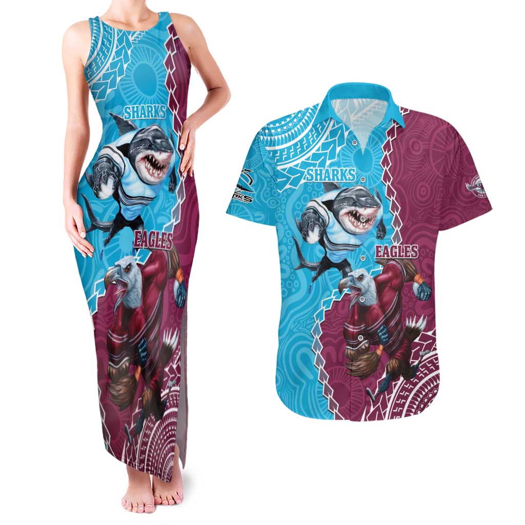 Personalised Eagles And Sharks Rugby Couples Matching Tank Maxi Dress and Hawaiian Shirt Aboriginal Mix Polynesian Pattern
