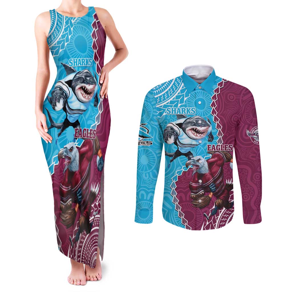 Personalised Eagles And Sharks Rugby Couples Matching Tank Maxi Dress and Long Sleeve Button Shirt Aboriginal Mix Polynesian Pattern