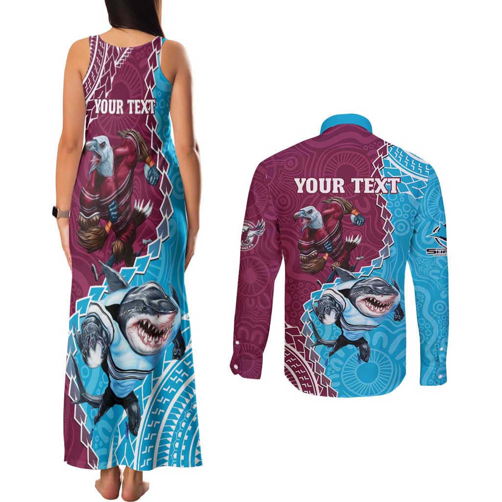Personalised Eagles And Sharks Rugby Couples Matching Tank Maxi Dress and Long Sleeve Button Shirt Aboriginal Mix Polynesian Pattern
