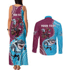 Personalised Eagles And Sharks Rugby Couples Matching Tank Maxi Dress and Long Sleeve Button Shirt Aboriginal Mix Polynesian Pattern
