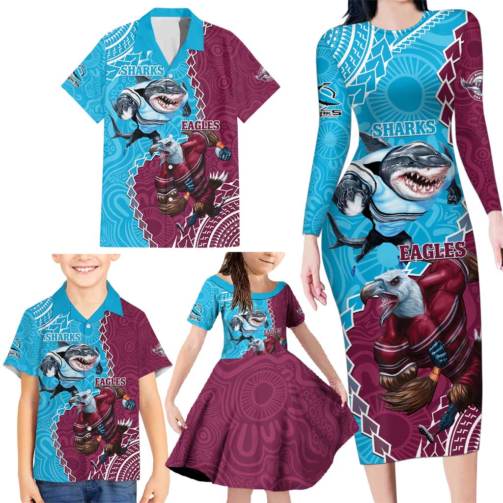 Personalised Eagles And Sharks Rugby Family Matching Long Sleeve Bodycon Dress and Hawaiian Shirt Aboriginal Mix Polynesian Pattern