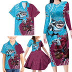Personalised Eagles And Sharks Rugby Family Matching Long Sleeve Bodycon Dress and Hawaiian Shirt Aboriginal Mix Polynesian Pattern