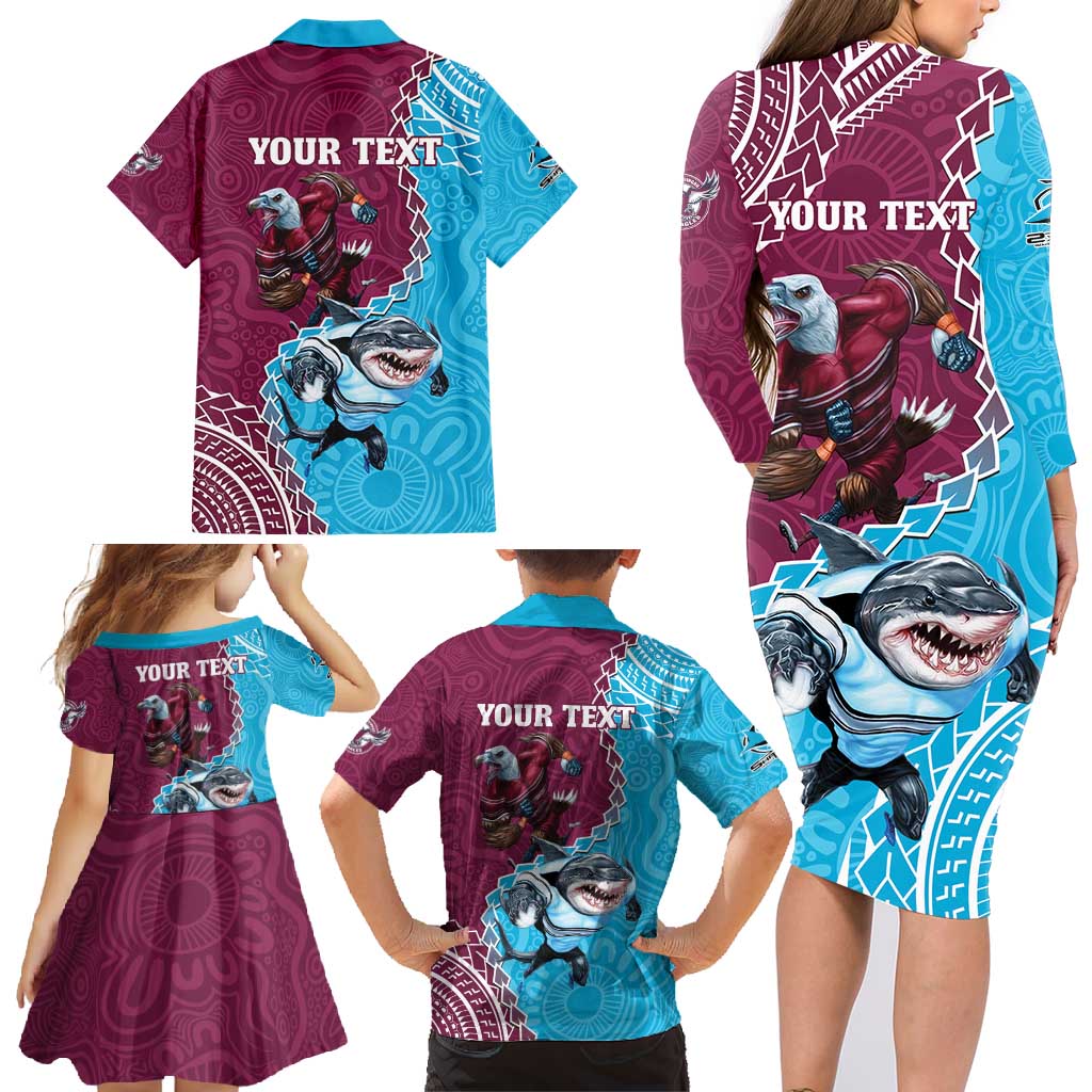 Personalised Eagles And Sharks Rugby Family Matching Long Sleeve Bodycon Dress and Hawaiian Shirt Aboriginal Mix Polynesian Pattern