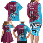 Personalised Eagles And Sharks Rugby Family Matching Long Sleeve Bodycon Dress and Hawaiian Shirt Aboriginal Mix Polynesian Pattern