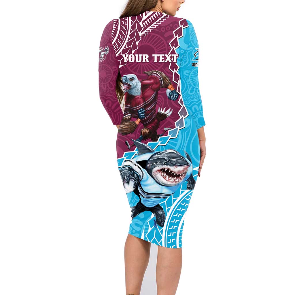 Personalised Eagles And Sharks Rugby Family Matching Long Sleeve Bodycon Dress and Hawaiian Shirt Aboriginal Mix Polynesian Pattern