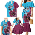 Personalised Eagles And Sharks Rugby Family Matching Mermaid Dress and Hawaiian Shirt Aboriginal Mix Polynesian Pattern