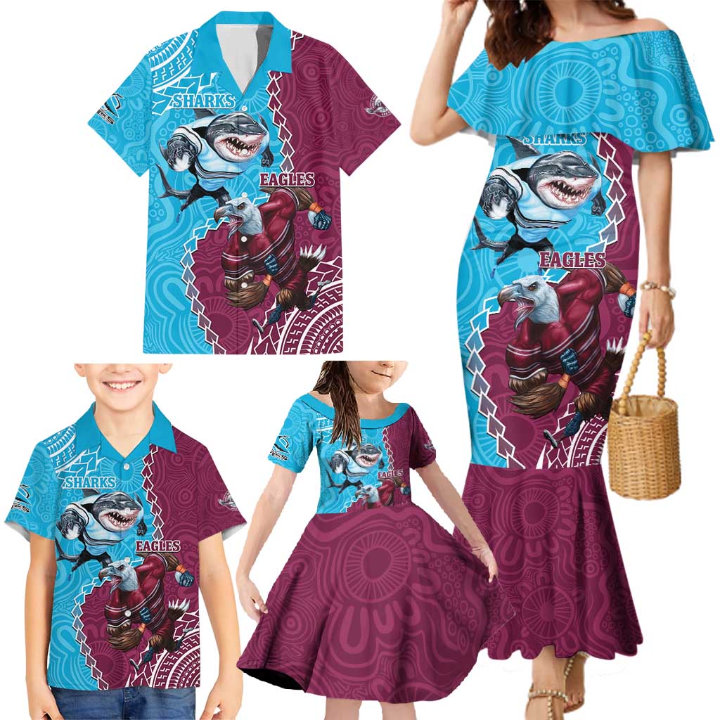 Personalised Eagles And Sharks Rugby Family Matching Mermaid Dress and Hawaiian Shirt Aboriginal Mix Polynesian Pattern