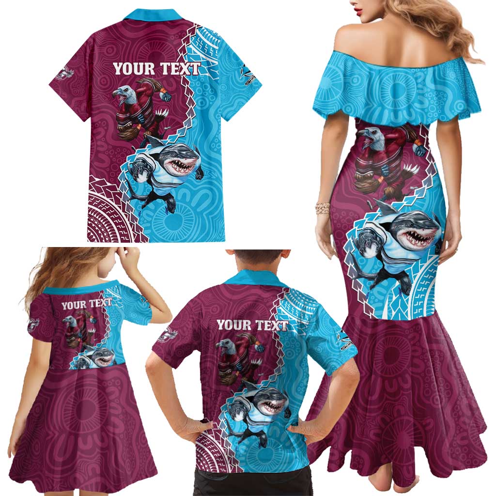 Personalised Eagles And Sharks Rugby Family Matching Mermaid Dress and Hawaiian Shirt Aboriginal Mix Polynesian Pattern