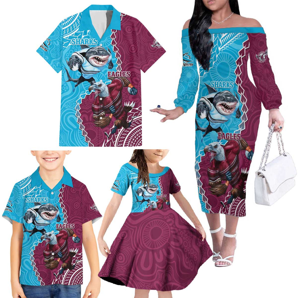 Personalised Eagles And Sharks Rugby Family Matching Off The Shoulder Long Sleeve Dress and Hawaiian Shirt Aboriginal Mix Polynesian Pattern