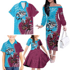 Personalised Eagles And Sharks Rugby Family Matching Off The Shoulder Long Sleeve Dress and Hawaiian Shirt Aboriginal Mix Polynesian Pattern