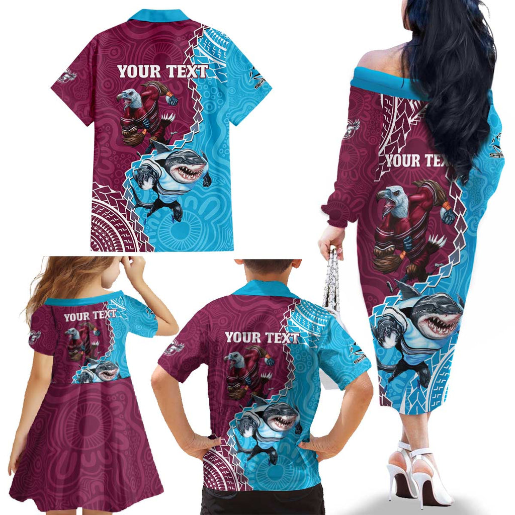 Personalised Eagles And Sharks Rugby Family Matching Off The Shoulder Long Sleeve Dress and Hawaiian Shirt Aboriginal Mix Polynesian Pattern