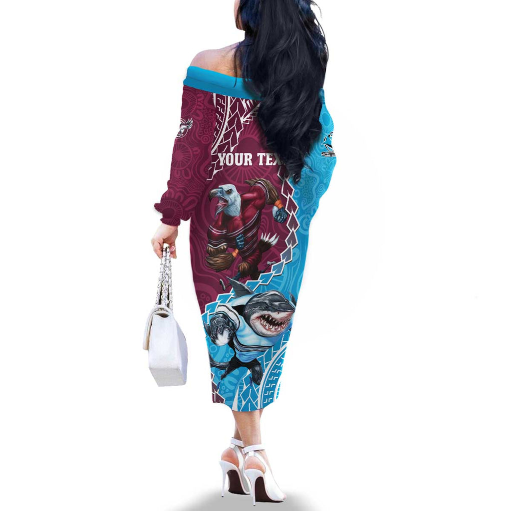 Personalised Eagles And Sharks Rugby Family Matching Off The Shoulder Long Sleeve Dress and Hawaiian Shirt Aboriginal Mix Polynesian Pattern