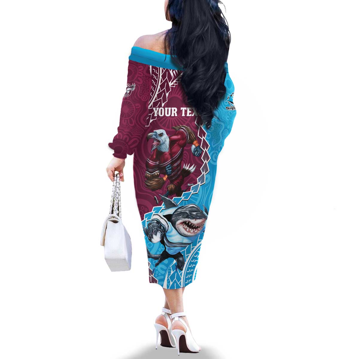 Personalised Eagles And Sharks Rugby Family Matching Off The Shoulder Long Sleeve Dress and Hawaiian Shirt Aboriginal Mix Polynesian Pattern